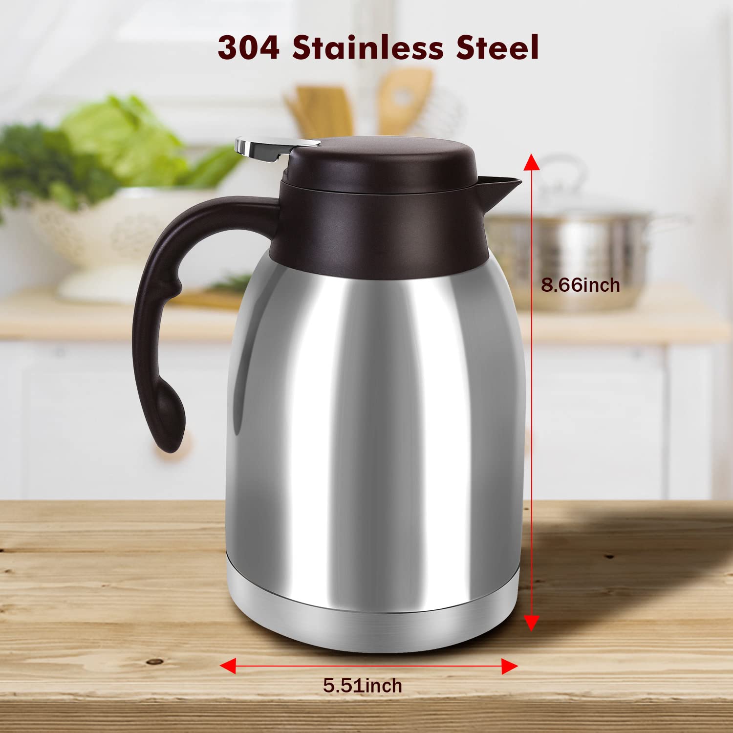 Thermo-Kaffeekaraffe aus Edelstahl, unzerbrechlich, doppelwandig, Vakuum-Thermosflasche, 1,6 l, Wasser-Teekanne, Getränkekrug für kalte Getränke im Sommer (klassisches Silber)