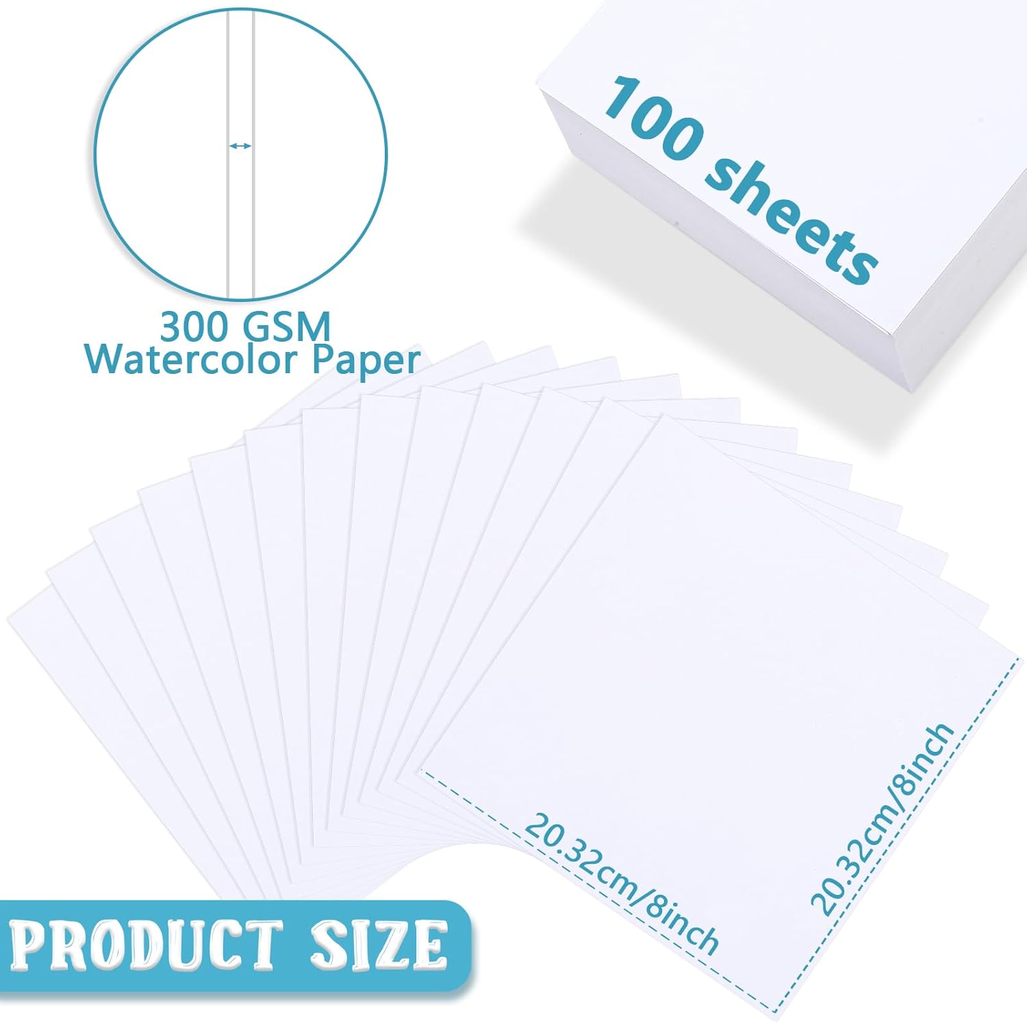 Spiareal 100 Sheets 8 x 8 Inch Watercolor Paper Bulk 140 Lb/300 GSM White Construction Paper Cold Press Blank Cotton Art Paint White Color Pad Artists Drawing Christmas Cards