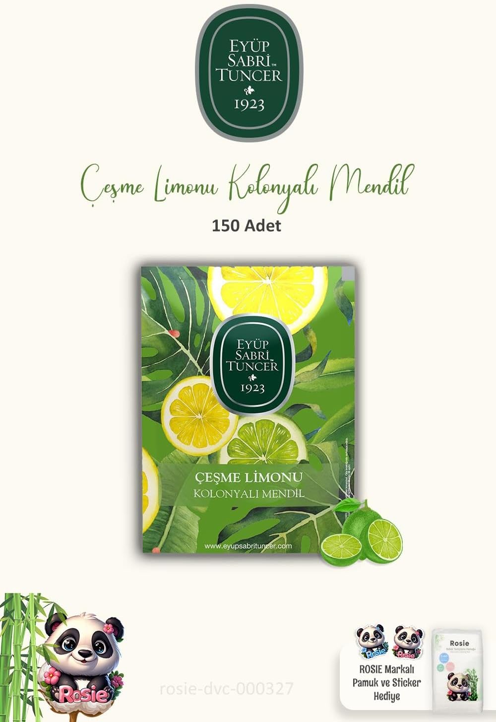 Eyüp Sabri Tuncer Kolonyalı Mendil 3 Paket 50'li Çeşme Limonu ve Pamuk ROSIE