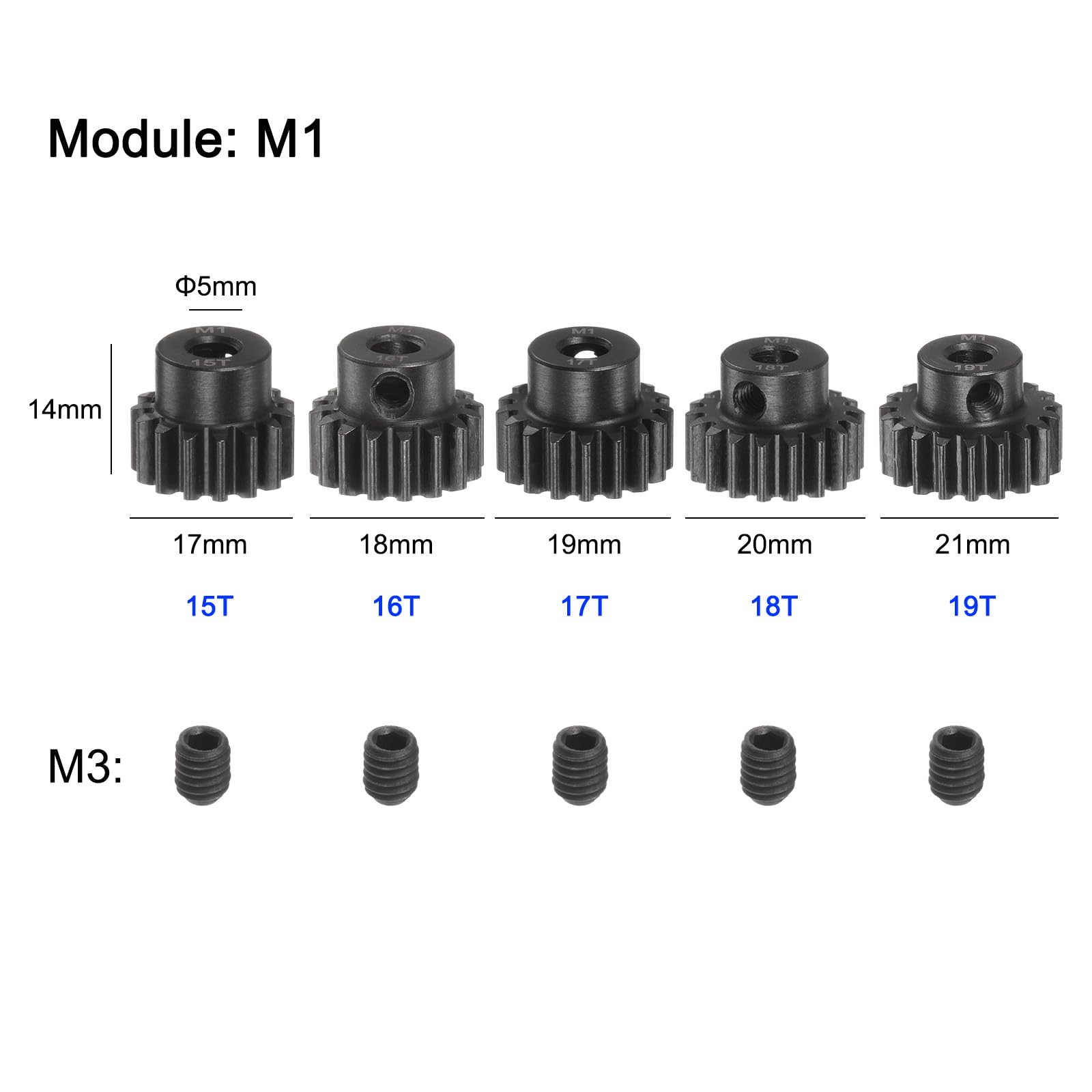 QUARKZMAN 5 Pièces M1 Ensemble De Pignons à Axe De 5 mm 15T 16T 17T 18T 19T | En Acier Trempé, Pour Moteur De Voiture Rc