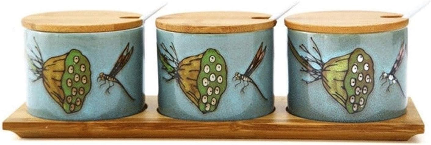 Condiment Container Seasoning Box Set Ceramic Condiment Canisters Pots with Wooden Spoon Lid and Base (Color : A)