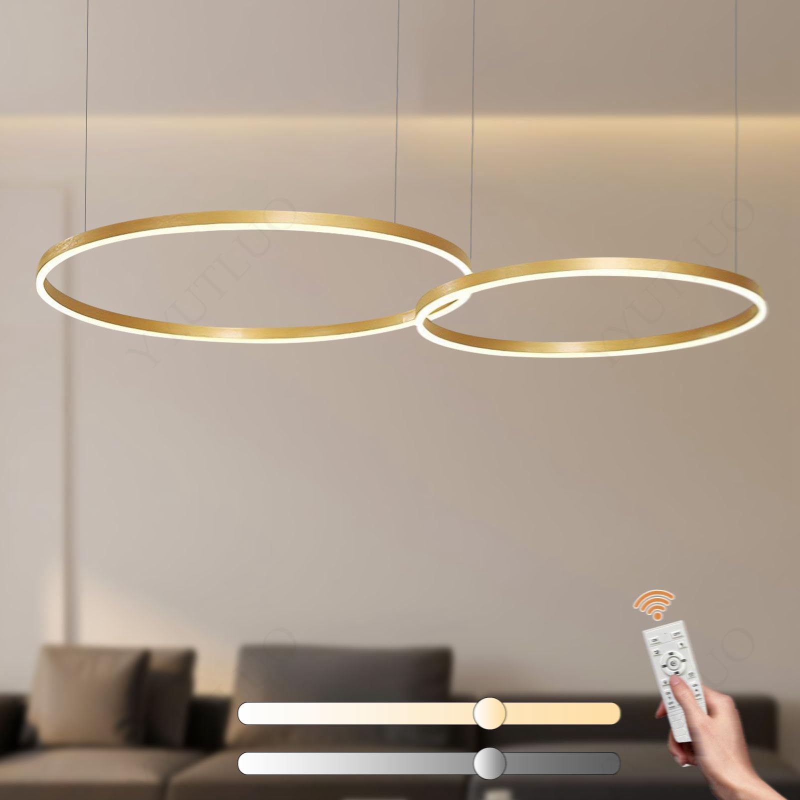 YYUTLUO Modern DIY Circle LED Chandelier | 2 Gold Rings:60+80cm=65W | Metal + Acrylic LED Pendant Lighting, 2.4G Dimmable Remote Control | Round Ceiling Hanging Lamp, Living Room Bedroom Dining Office — image 1