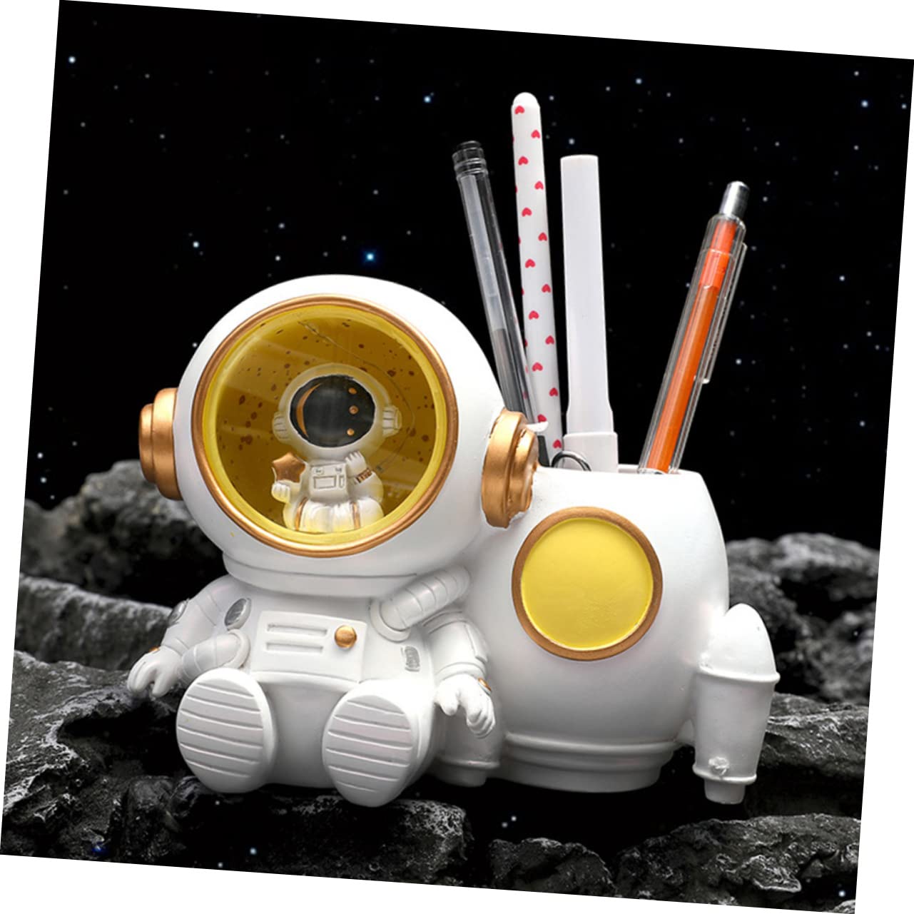 Hemobllo Porta Penne in Resina Bianca Astronauta Portapenne con Luce Grande Capacità per Carta da Visita e Gioielli Accessorio Scrivania per Bambini e Ragazzi