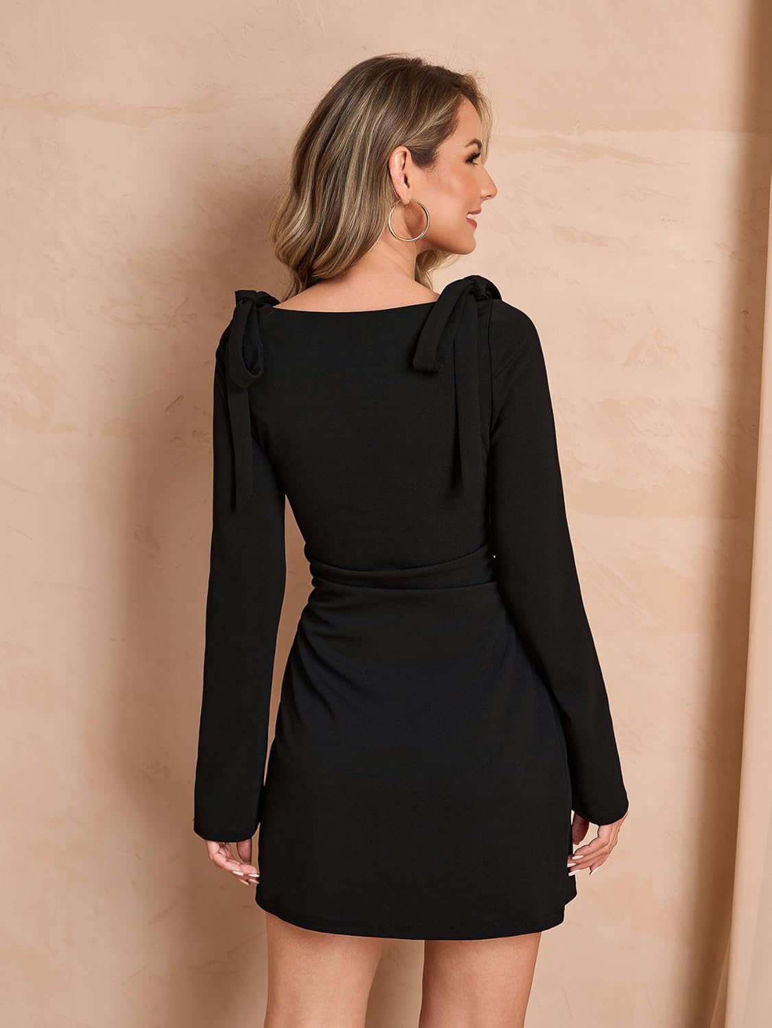 Women's Long Sleeve Mini Dress Boat Neck Tie Shoulder Fall Winter Ruched Elegant Short Cocktail Party Dresses - Image 5