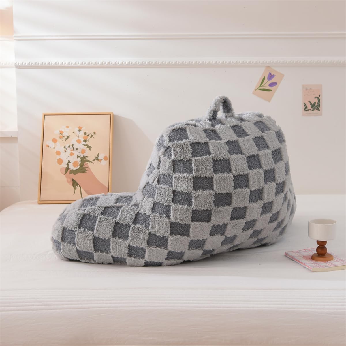 Holawakaka Checkered Reading Pillow for Bed and Sofa Couch Sitting Up, Backrest Pillows with Arms for Kids Teens Adults, Back Support Cushion for Lounging, Watching TV, Working on Laptop, Light Grey