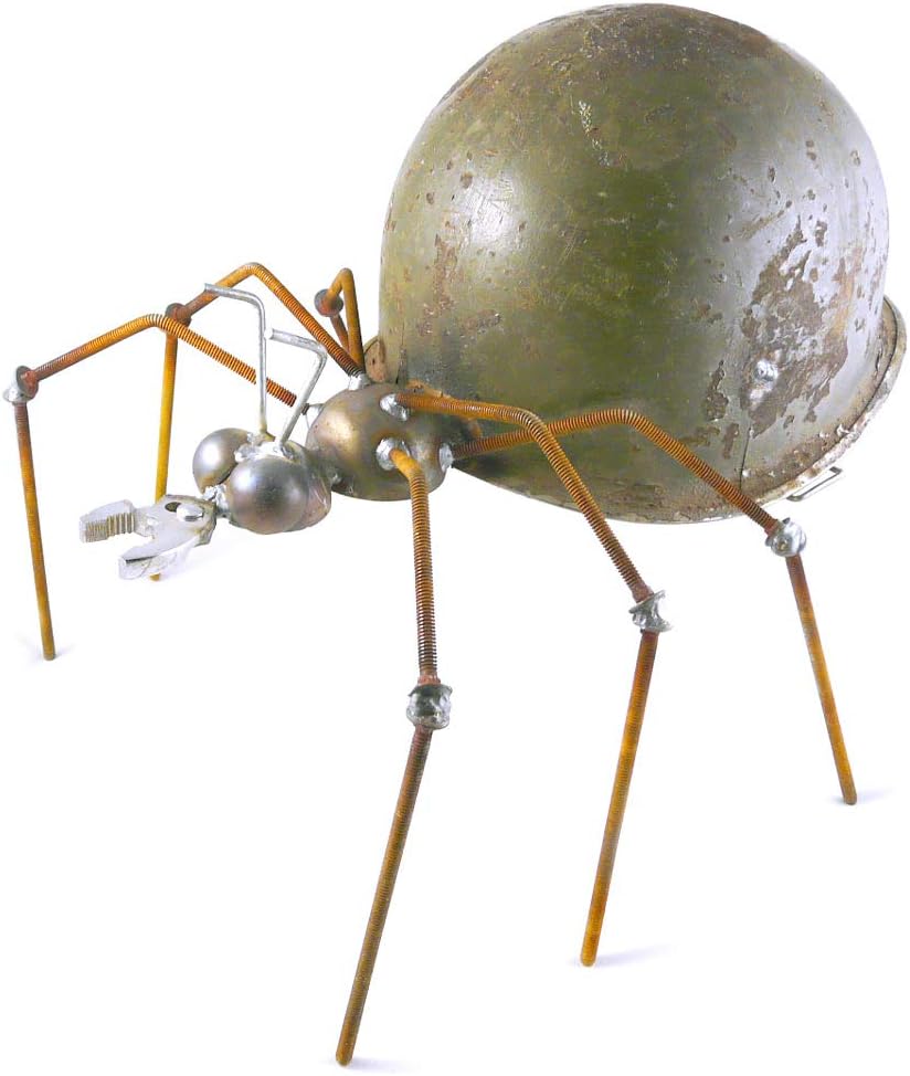 Army Ant - Recycled Metal Garden Sculpture with Vintage Army Helmet, Made in USA