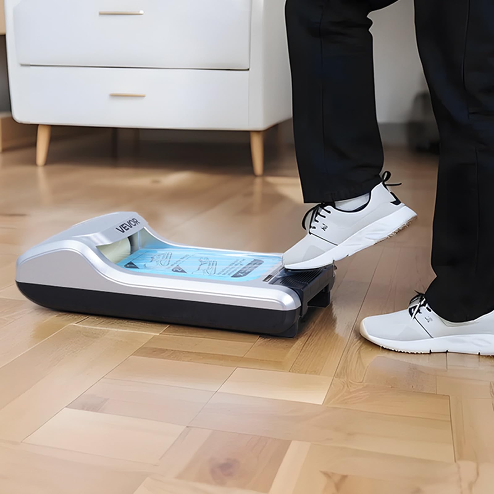 VEVOR Distributeur Automatique de Couvre-chaussures, avec 1 Rouleau de 600 Pièces Membranes Jetables Antidérapantes, Pointure Jusqu'à Taille US 11, pour Maison, Bureau, Labo, Usine, Hôpital, Argent