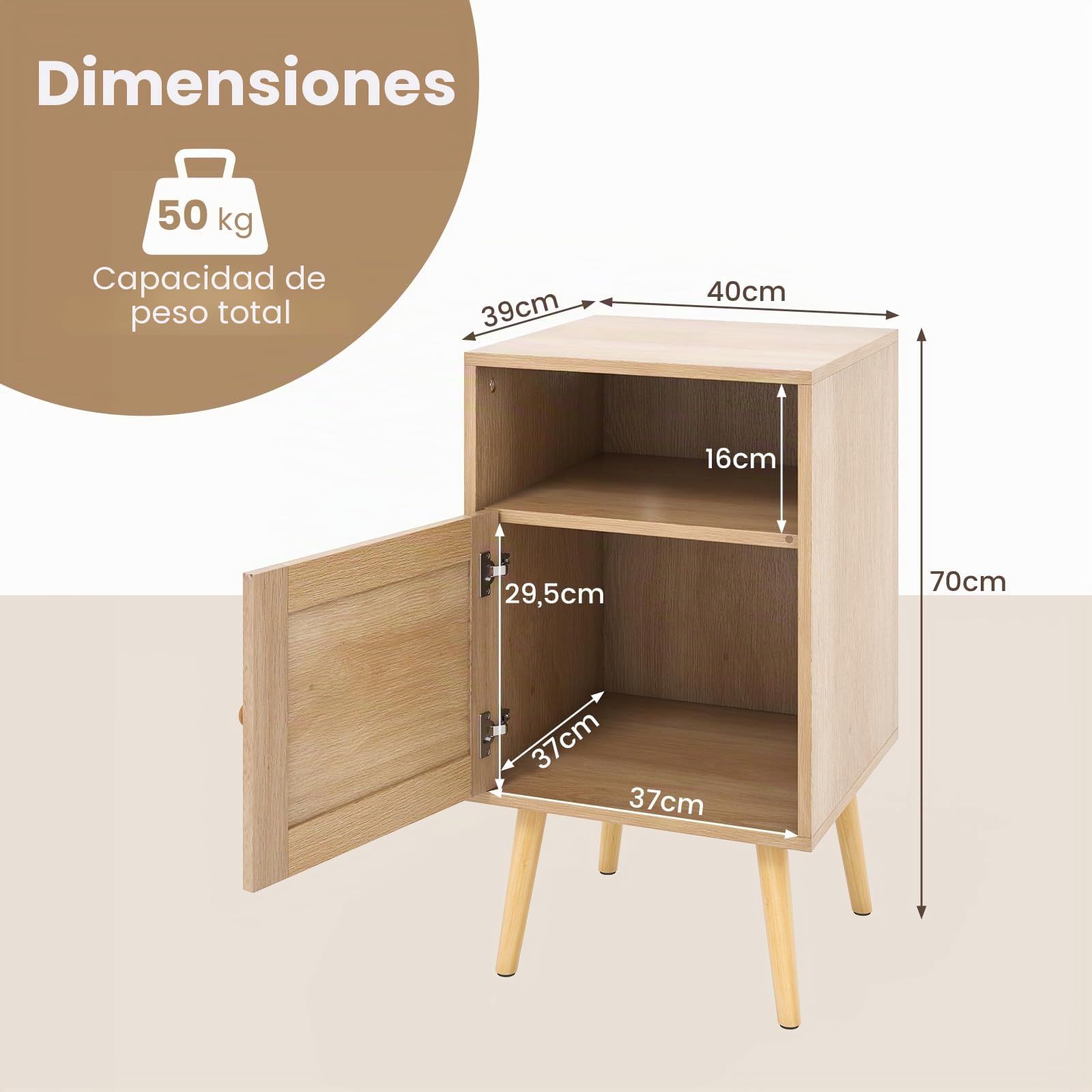 RELAX4LIFE Mesita de noche con armario de puerta y estante abierto, mesita de noche con superficie de ratán y patas de madera, mesa auxiliar para salón, dormitorio, color natural