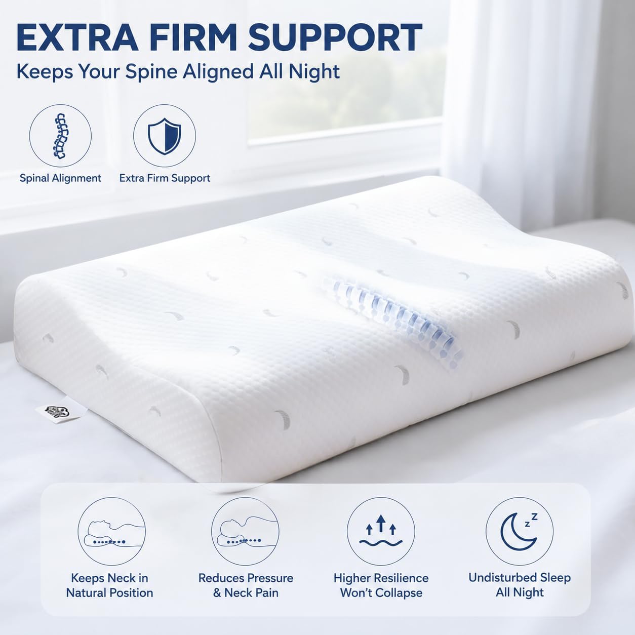 Firm Cervical Pillow, Memory Foam Neck Support, White | Dual 4"/5" Height Ergonomic Contour Design for Neck Alignment, Side & Back Sleeper Support