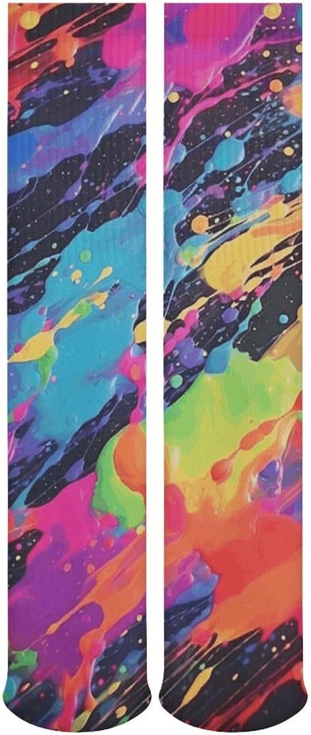 Breathable Crew Sock, Moisture Wicking, Athletic Calf Socks, Cozy | Colorful Paint Compression Socks for Women Men, Lightweight High Work Socks for Business, Casual