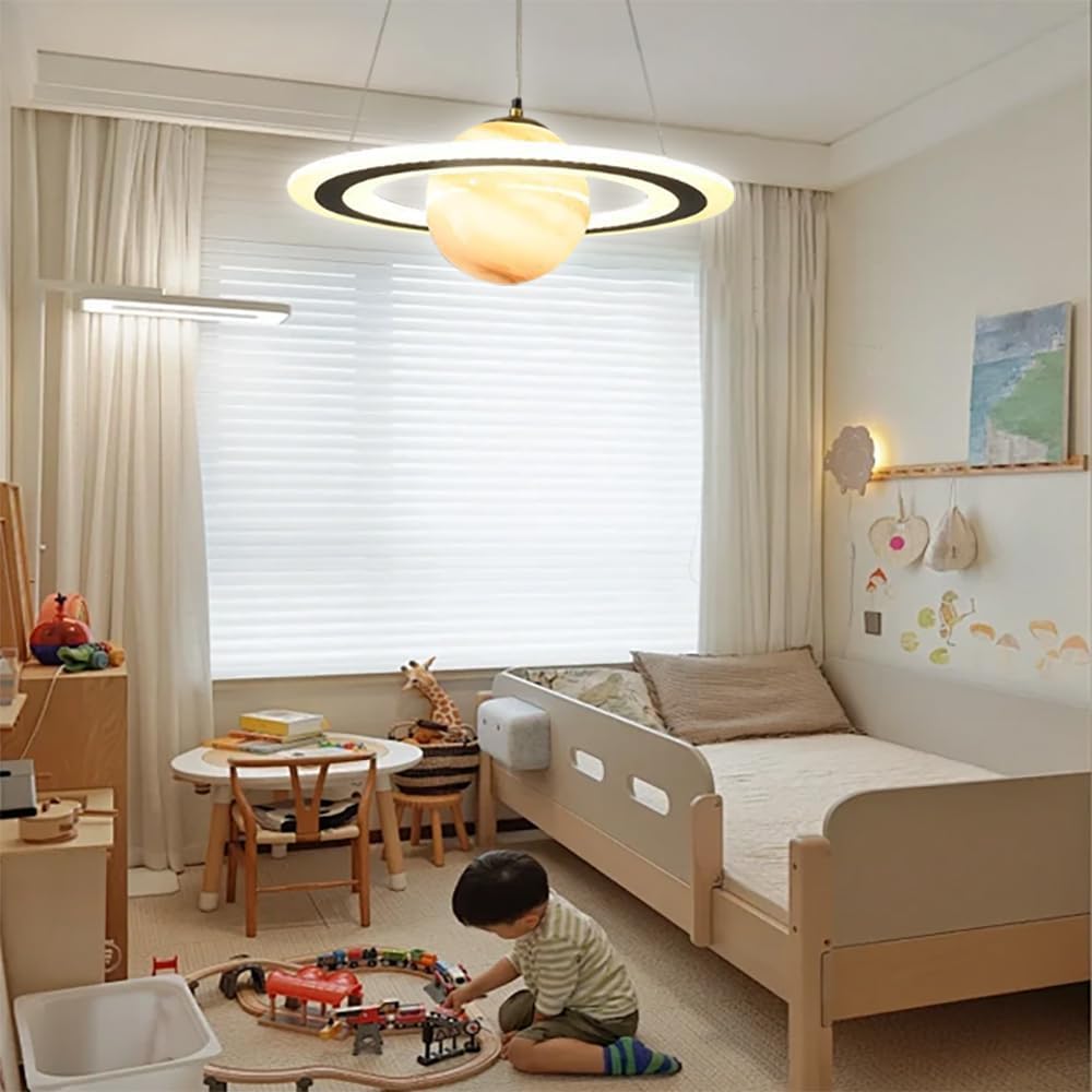 Kid's Planet Glass Pendant Light - Creative LED Dimmable Chandelier for Boy and Girl's Room, Space Bedroom Ceiling Hanging Lamp for Children's Study