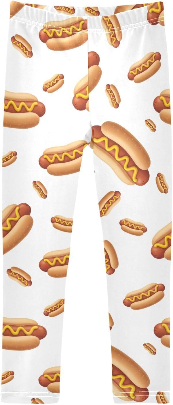 Full-Length Girls Leggings Cartoon Hot Dogs White