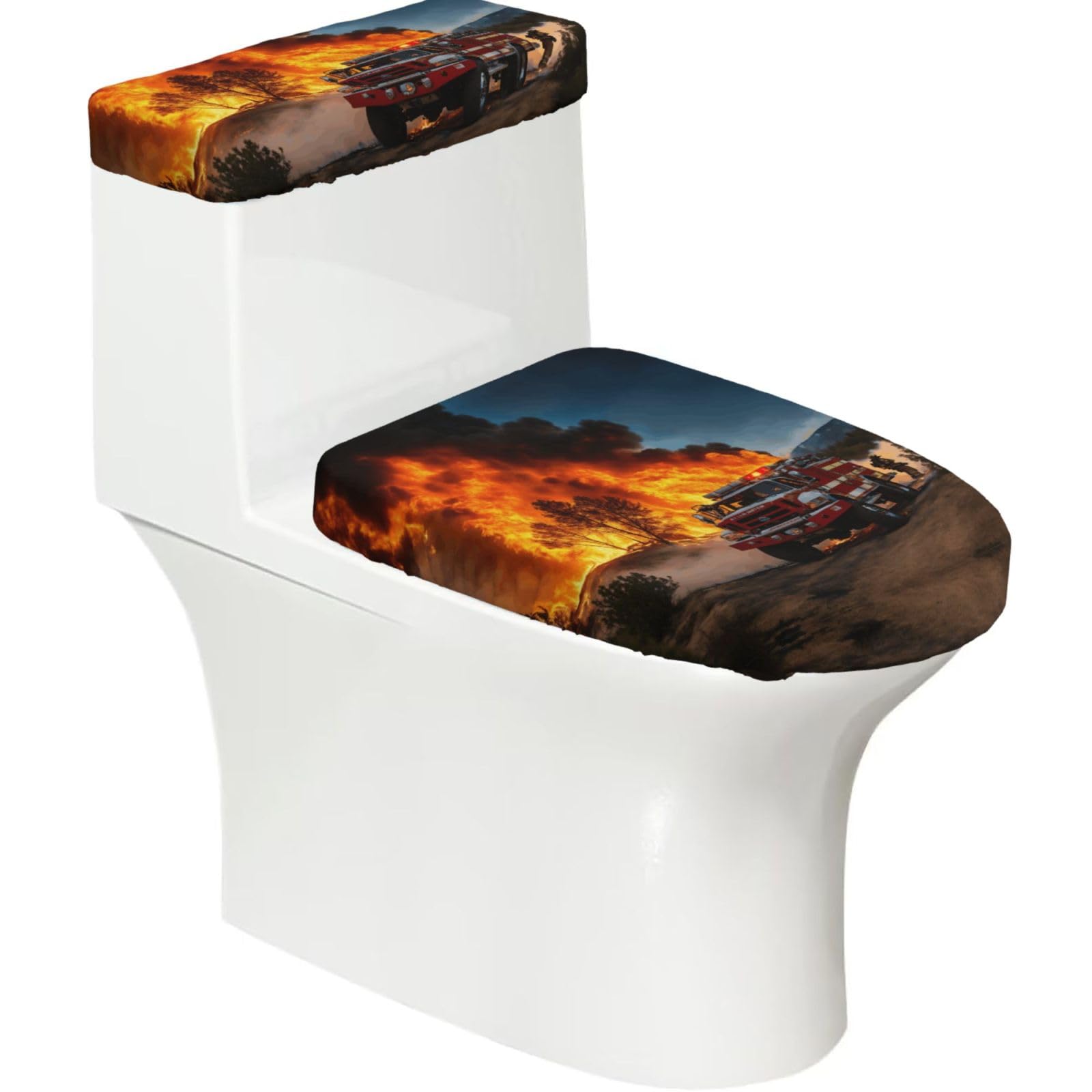 Firefighter Fireman Flame Printed Toilet Tank and Lid Cover Set of 2 for Most Bathrooms, Fits Elongated Round Toilets