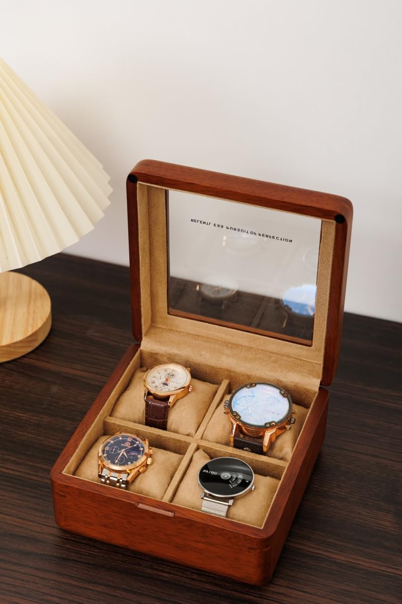 Caja de reloj para hombre, caja de reloj de madera de 4 ranuras con tapa de cristal, organizador de almacenamiento para reloj de hombre, estuche de viaje
