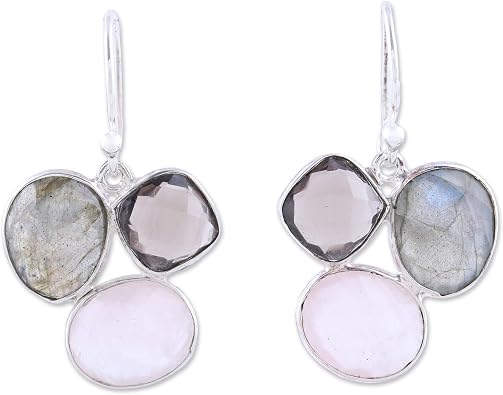 NOVICA Handmade Multigemstone Dangle Earrings | .925 Sterling Silver | Smoky Quartz, Rose Quartz, Labradorite | Enchanting Trinity | India | 1.3" L x 0.9" W