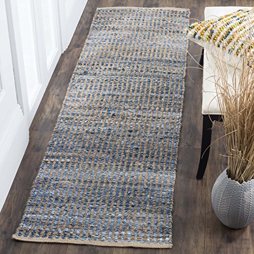 SAFAVIEH Cape Cod Collection Runner Rug - 2'3" x 8', Natural & Blue, Handmade Flat Weave Coastal Braided Jute, Ideal for High Traffic Areas in Living Room, Bedroom (CAP352A)