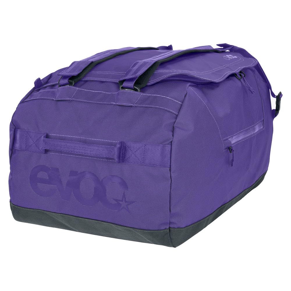 EVOC DUFFLE BAG 60 Wodoodporna torba podróżna i na sprzęt (torba podróżna z odpinanym paskiem do noszenia, uniwersalnym zastosowaniem i zamkiem, bez PVC, rozmiar M), fioletowo-czarna