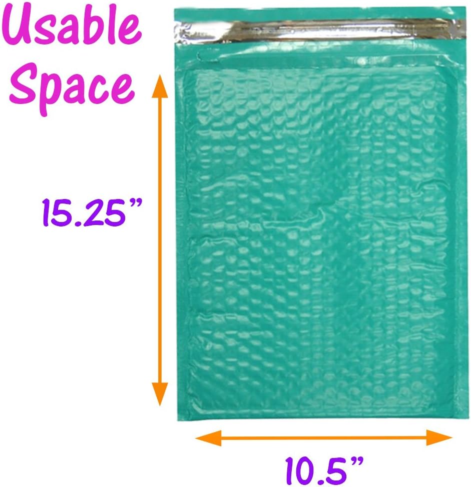 10.5 x 16" Designer Poly Bubble Mailers, Shipping Padded Envelopes, 10.5x15, Pink, Purple, Teal, Black, Orange, Blue, Yellow, Self Sealing with Custom Kissy Stickers (Teal Green, 30)
