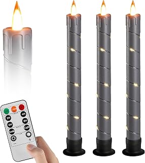 3PCS Flameless Taper Candles Grey Black Battery Operated, with Embedded Fairy String Lights, LED Flickering Flame Candle, Remote Control,Timer, Halloween Christmas Home Decoration