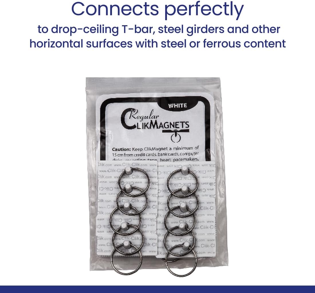 Clik-Clik Regular ClikMagnet Ceiling Hooks - Strong Magnets to Hang Displays, Signs, and More - Magnets with 5 lbs Pull - Pack of 10, White