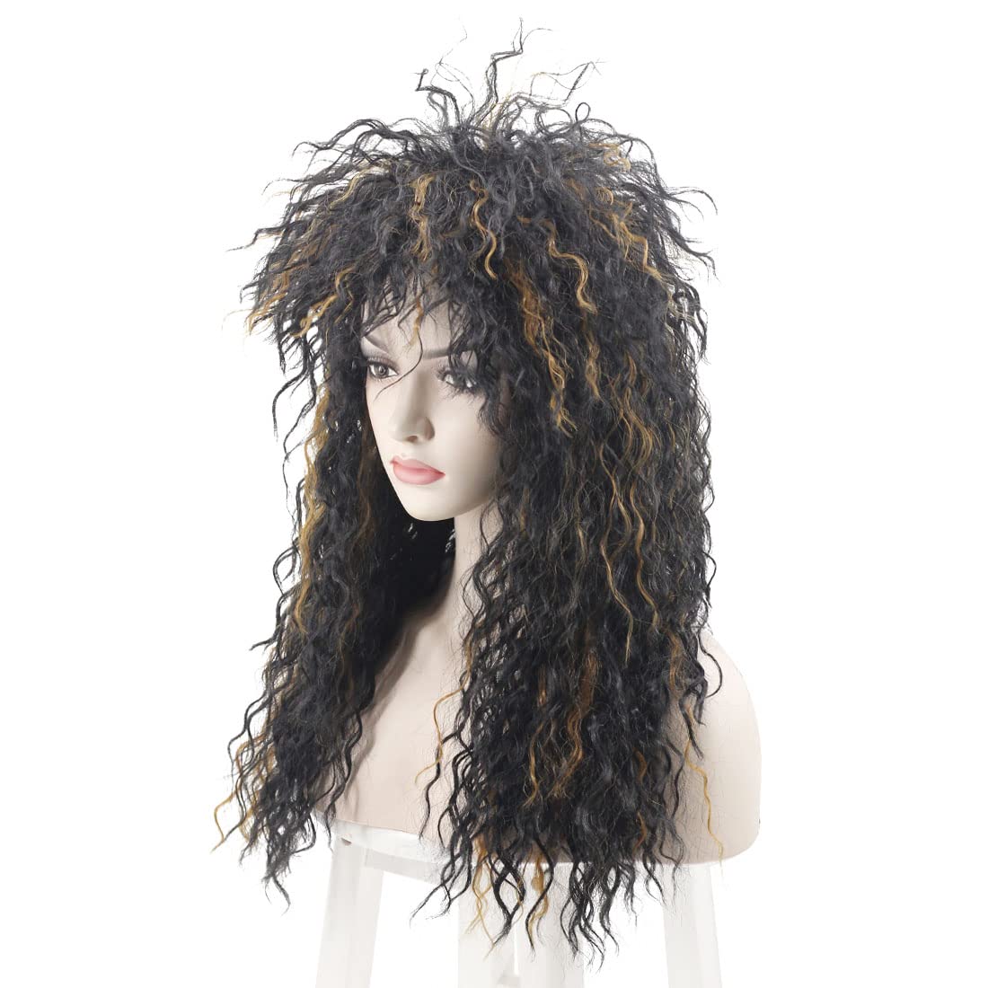 WildCos Long Curly 80s Mullet Wigs Punk Heavy Metal Rocker Wig Halloween Costume Male Cosplay Wig for Women (Black with Reddish Brown)