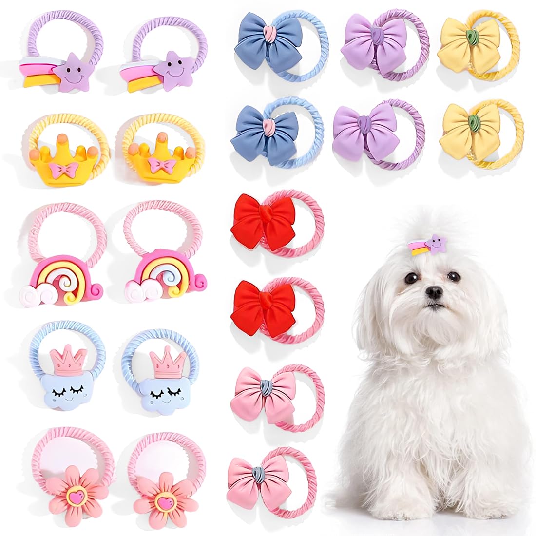 20 Accessori per Capelli Cani, Papillon & Mini Corone con Elastici, Fiocchi per Cani Piccole Razze (Maltese), Design Colorati per Cuccioli Femmine