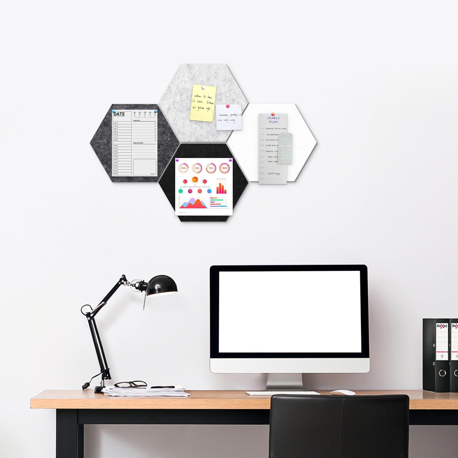 Uoisaiko 30cm Hexagon Felt Pin Board Pack of 4 Bulletin Board Notice Boards for Home Office Kitchen Felt Wall Tiles for Photos Memos - Image 2