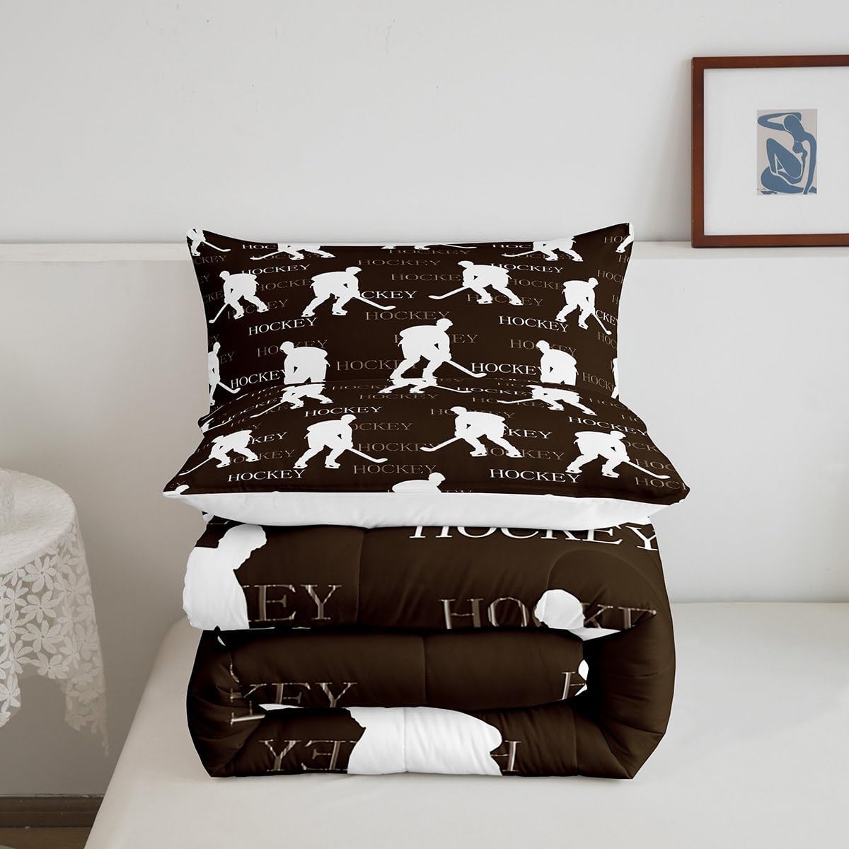 Castle Fairy Ice Hockey Full Size Comforter Set,Brown Hockey Player Bedding Set for Adults Teens,Children Winter Sports Comforter Luxury Hockey Sports Event Quilt Set Room Decor 3Pcs