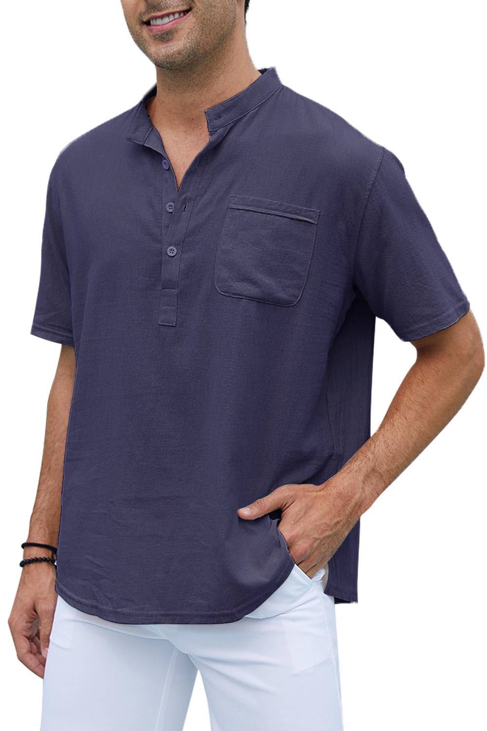 CheChury Camisa de Lino Manga Corta para Hombre Camisas Informales de Verano Camisa Suelta de Ocio de Color Sólido con Botónes Top con Bolsillo Informales de Verano Camisa Suelta de Ocio