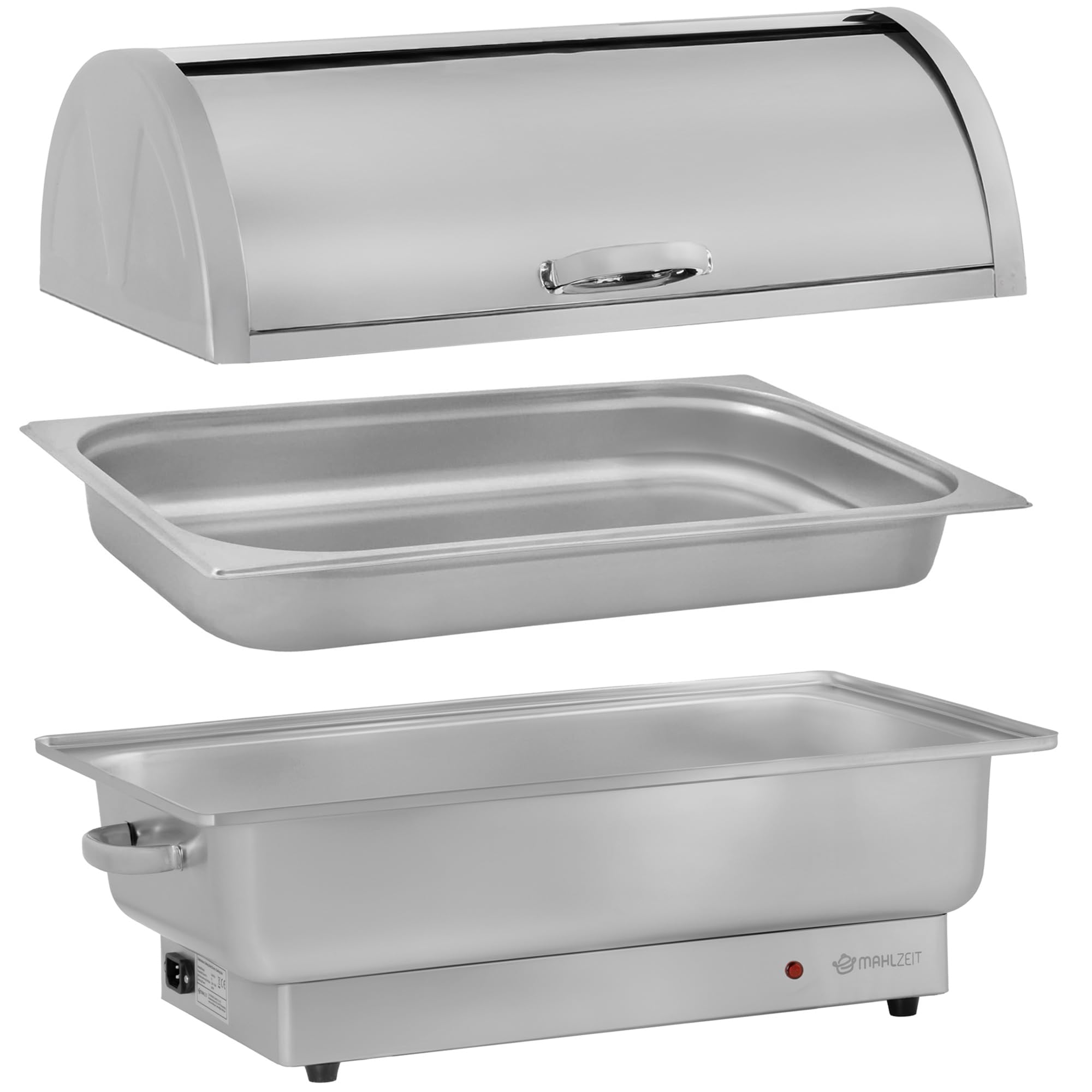 Mahlzeit Chafing Dish Chauffe-plat électrique en acier inoxydable avec GN 1/1 | 9 litres | Jusqu'à 80 °C | Chauffe-plats avec couvercle enroulable | Récipient de maintien au chaud pour buffet et