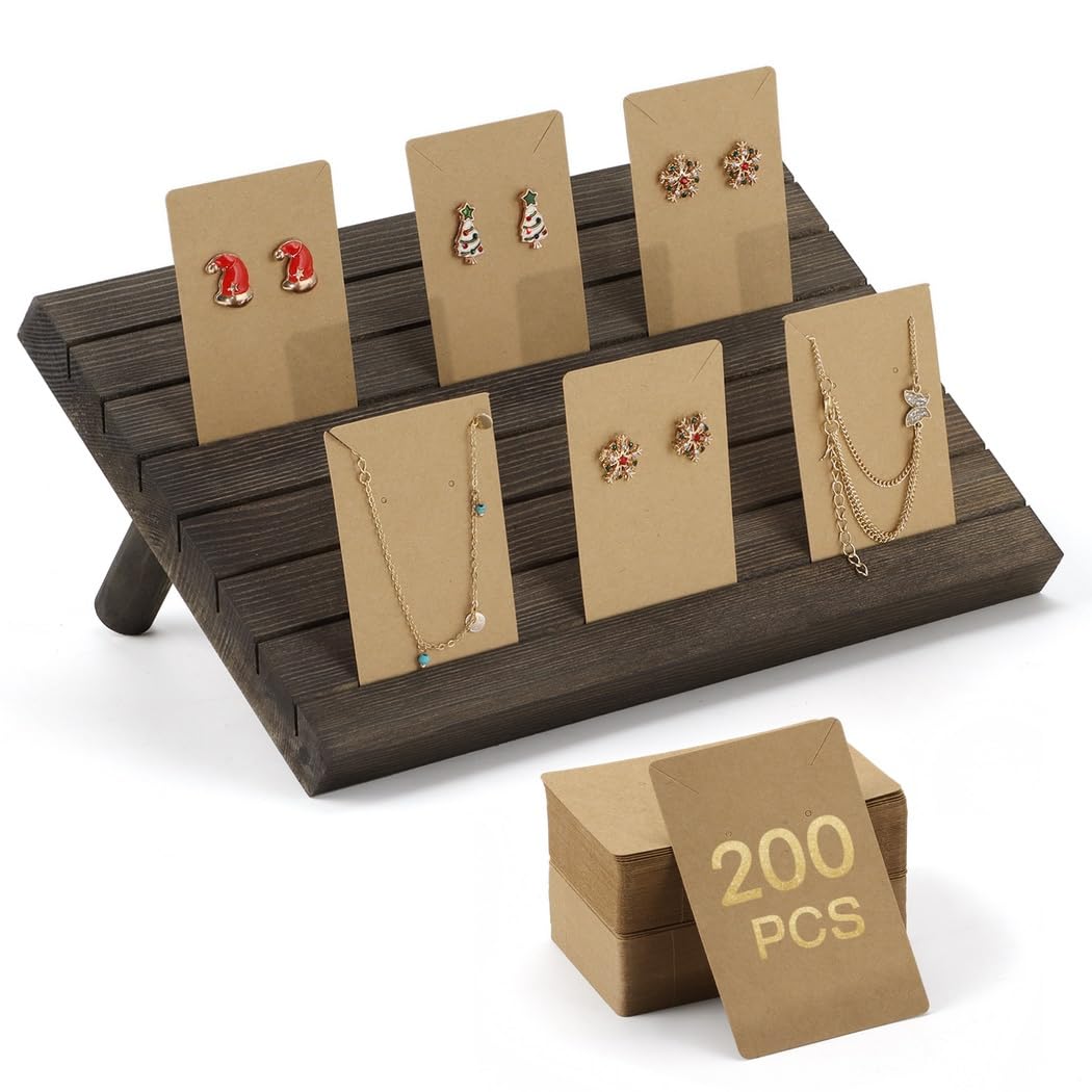 Présentoir portable en bois pour boucles d'oreilles avec 200 cartes de boucles d'oreilles, pinces détachables et porte-cartes de visite