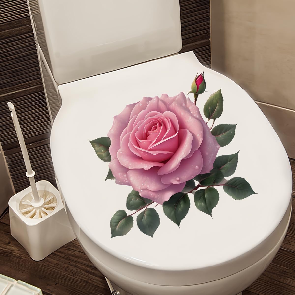 Pink Rose Toilet Cover Sticker Decals,Flower leaf bird Waterproof Toilet Lid Tank Seat Decals Cistern Self-Adhesive Bathroom Wall Sticker