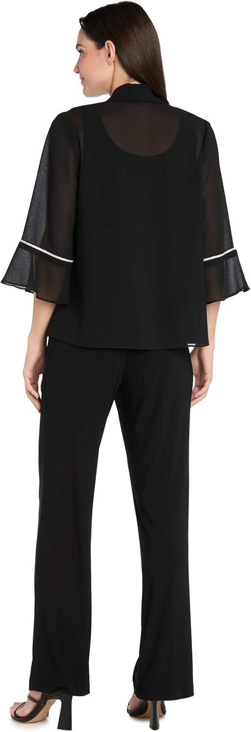 R&M Richards Women's Sheer Open Front Cardigan Jacket W/Rhinestone Trim, Ruffle Bell Sleeves - Elegant Evening Layer