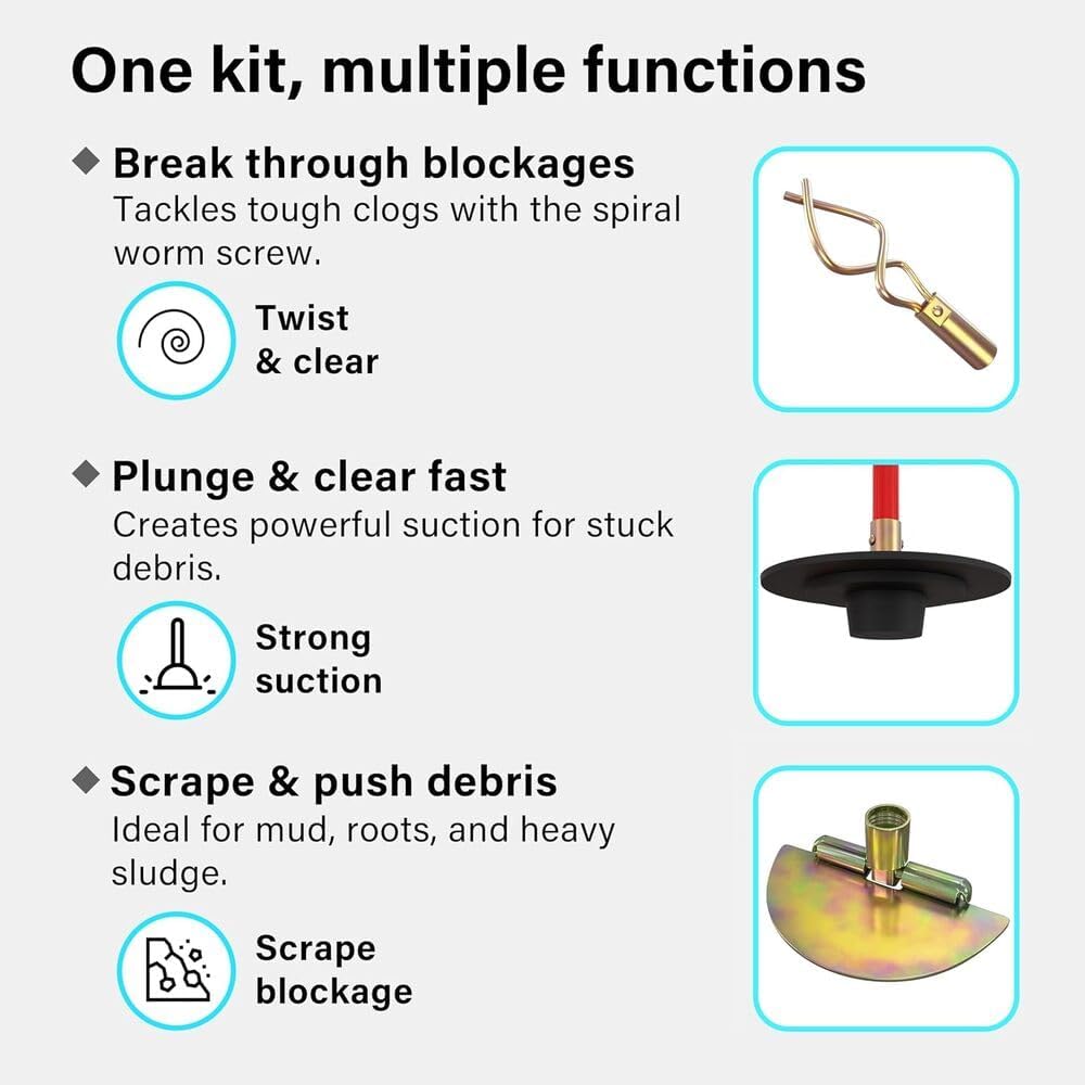 Pro 30ft Drain Rod Set Kit in Carry Bag Professional Heavy Duty Unlock Plunger Worm Scraper Cleaning Rods Rodding 14 PC 9m Length