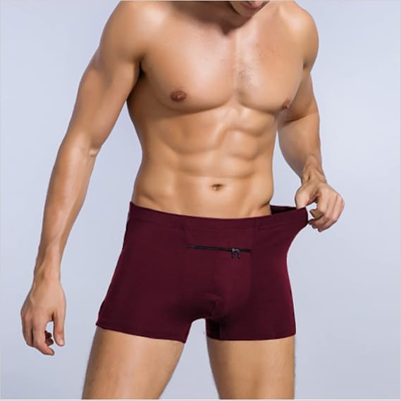 2 Packs Men's Boxer Briefs Secret Hidden Pocket, Pickpocket Proof Travel Secret Pocket Underwear, Pocket Panties. (Burgundy)