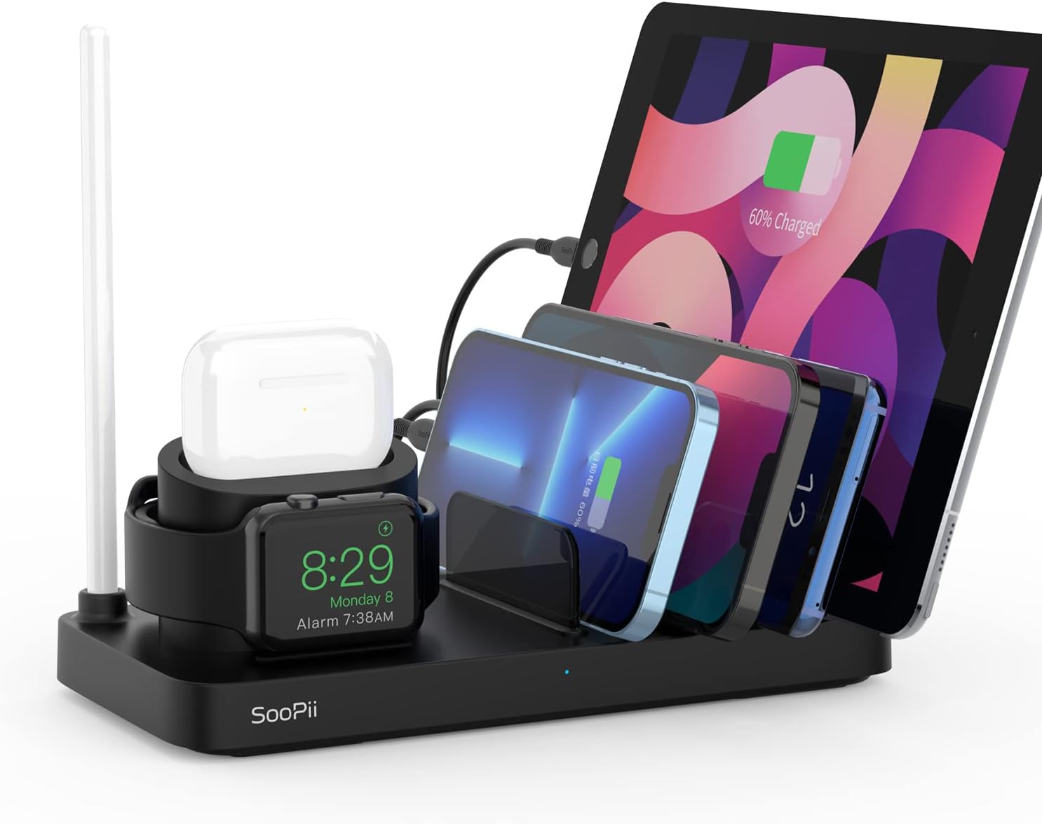 SOOPIIUSB Charging Station, Multiple USB Charger Station for Multible Devices, mixed Cables Included, Charging Organizer for Phones,Tablets, and Other Electronics