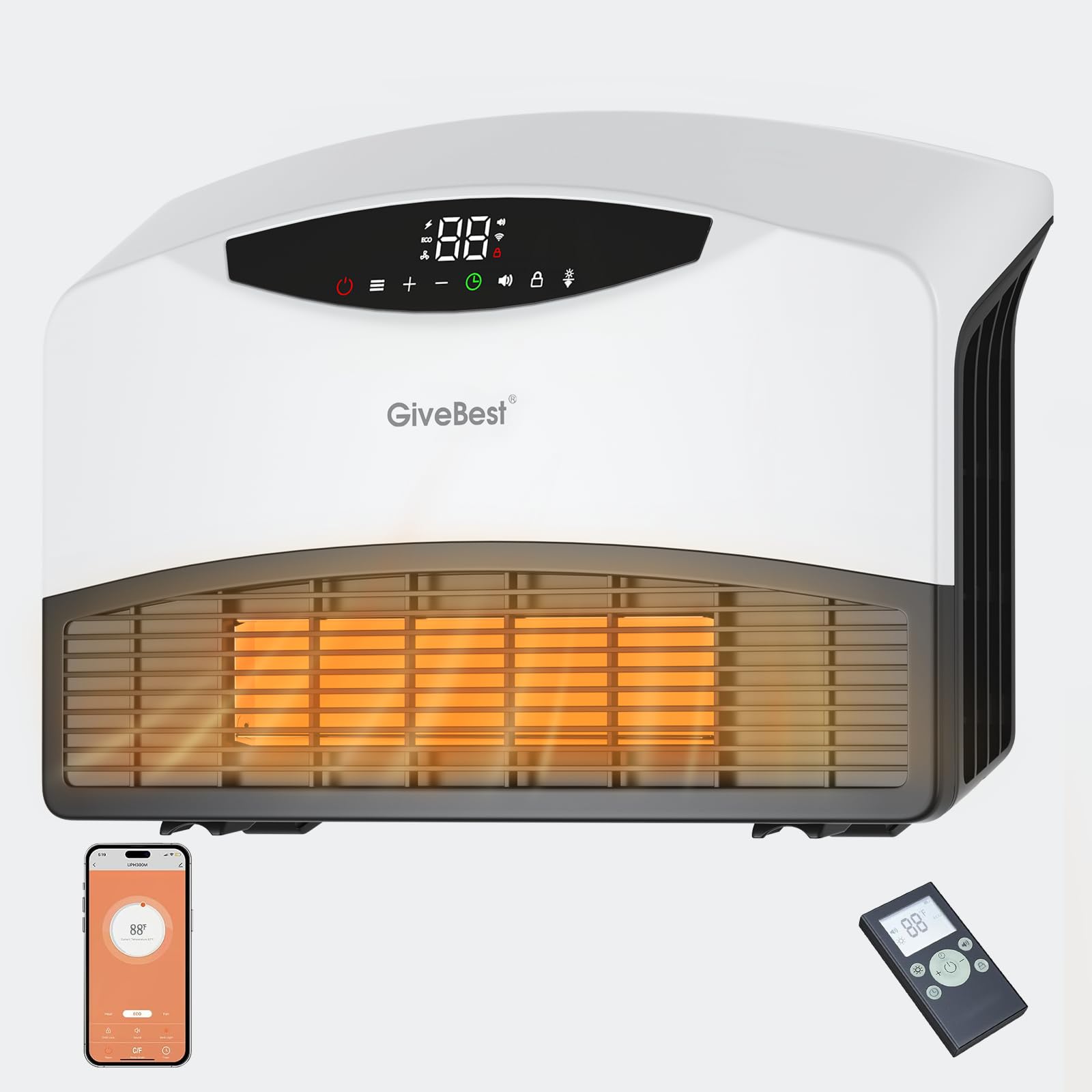 GiveBest Smart Wall Heater showing internal components with heat radiating, indicating 1500W power and temperature range of 40°F-99°F.