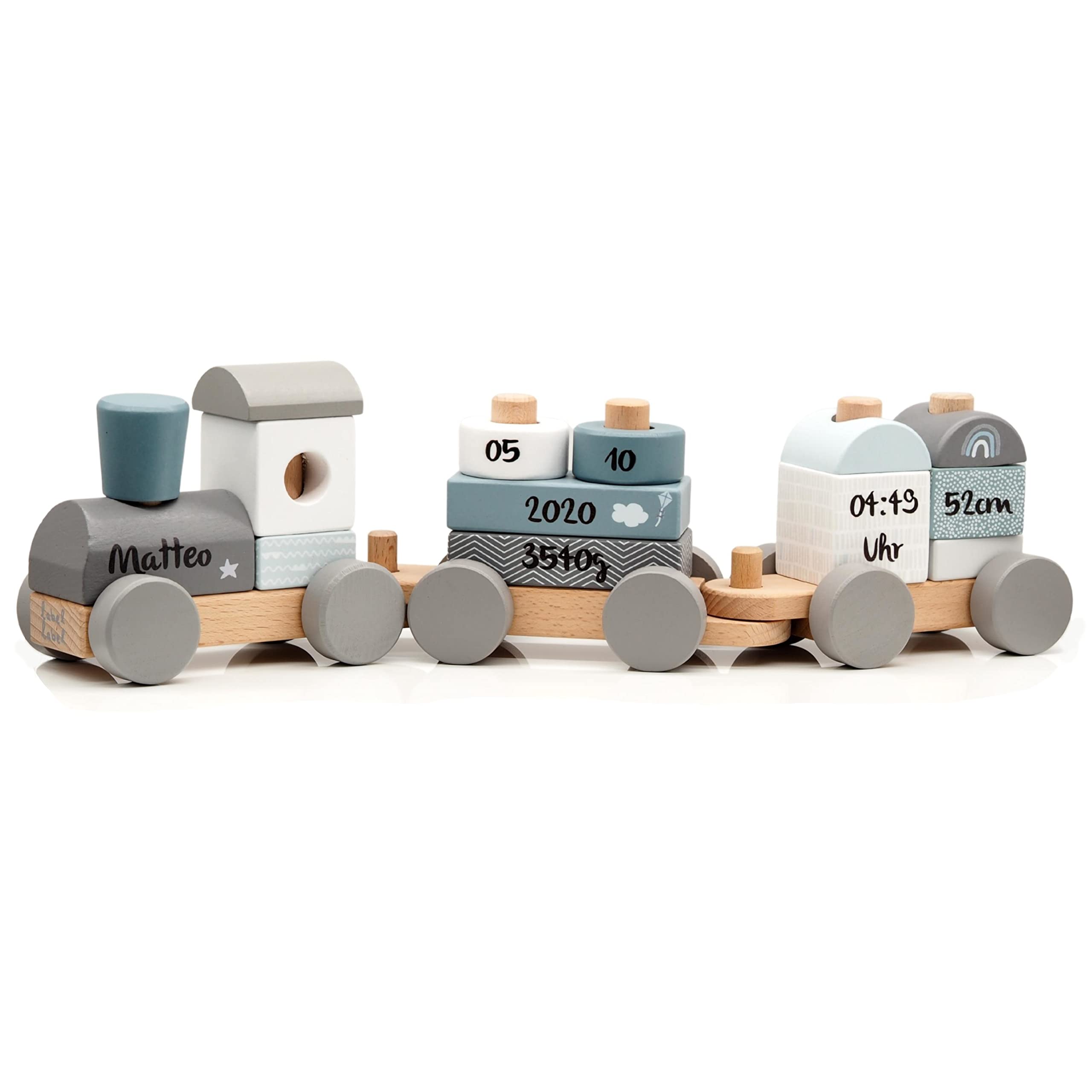 Holz Eisenbahn blau - personalisierbar I Geschenk zur Geburt Jungen I Handmade Holzspielzeug mit Steckformen I Personalisierte Geschenke Baby I Holzzug mit Name & Geburtsdaten