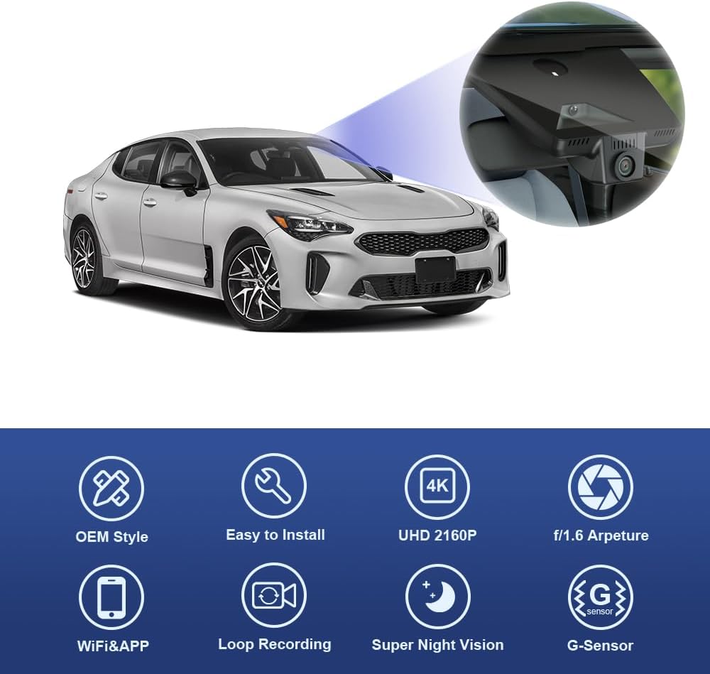 Fitcamx 4K Dash Cam Suitable for Kia Stinger 2022 2023 2024 (Part No#J5030) with Auto Dimming, OEM Look, 2160P UHD Video, Built-in WiFi & APP, Loop Recording, G-Sensor, Plug & Play, 64GB Card