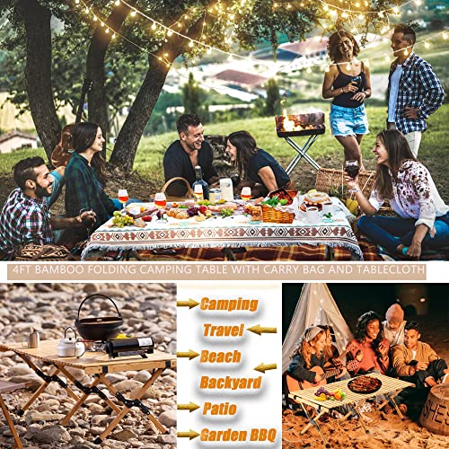 Huihuibi Portable Low Picnic Table,4Ft Bamboo Folding Camping Table With Carry Bag And Tablecloth,Foldable Beach Table For Camping,Bbq,Travel,Backyard Patio Party #TOP2