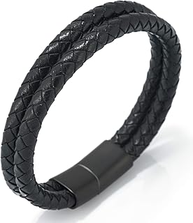HALUKAKAH Plus ● Solo ● Men's Genuine Leather Black/Brown Titanium Bracelet Double Wrap Size Adjustable 8.5"-9"(21.5-23cm) Magnetic Clasp with Free GIftbox, 8.46 inches, Leather