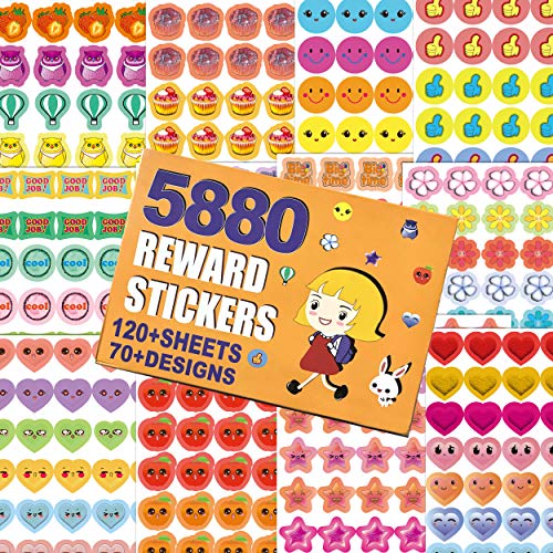 5880 Kids Reward Stickers, Incentive Stickers for Teachers,12 Pack,120 Sheets in Total, Over 70 Unique Designs Including Heart, face, Star, owl, Christmas Stickers