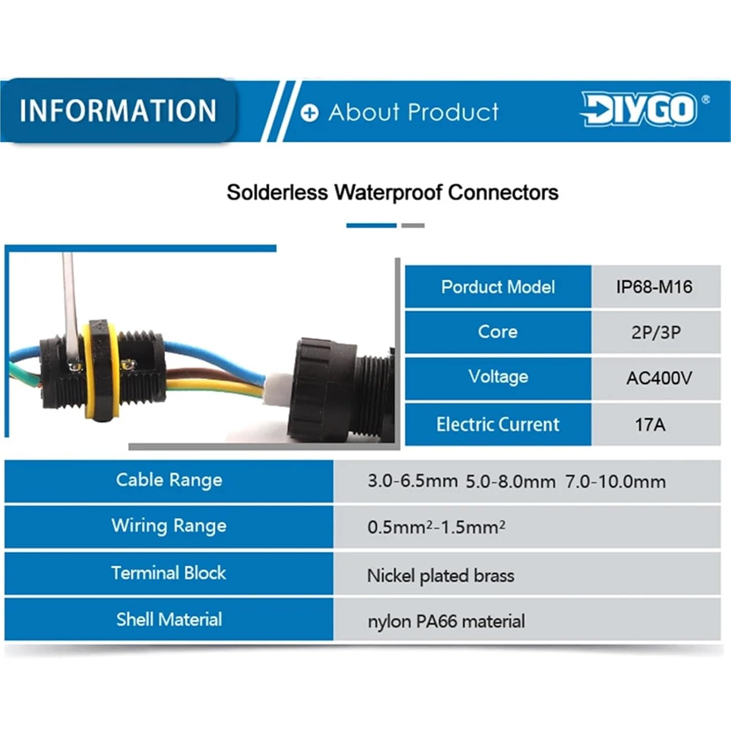 M16-2P/3P Outdoor Connector Screw Splicing Terminal 3-10mm Cable Wire for Power Cnnection 1Pcs(M16-2P 5.0-8.0mm)
