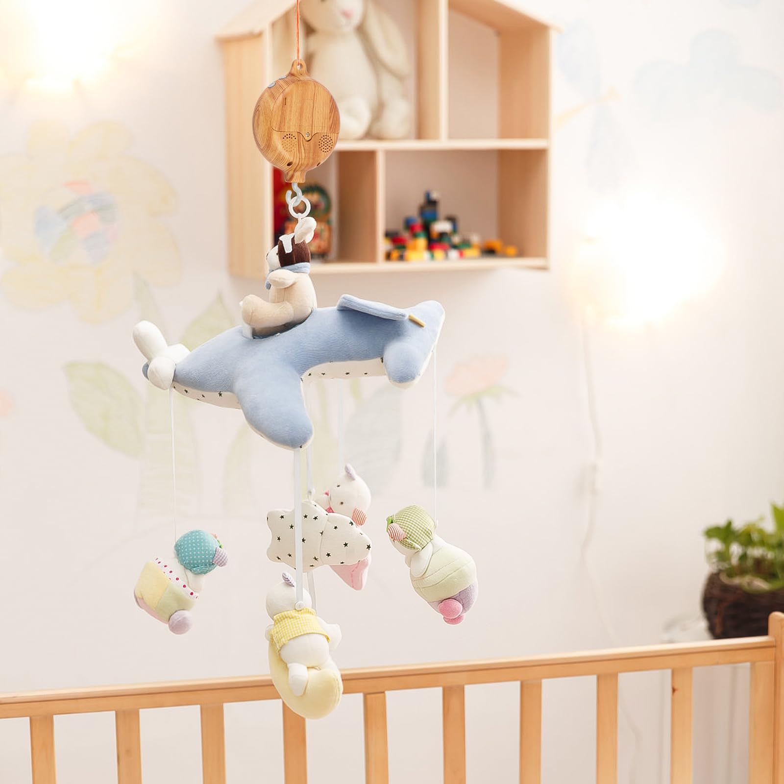 Baby Mobile Spieluhr Holzoptik Music Box Bettglocke,Kinderbett Mobile Motor Baby Spieluhr Spinner Mobile Babybett Babybettwäsche Drehbettglocke Anhänger Babybett Deko