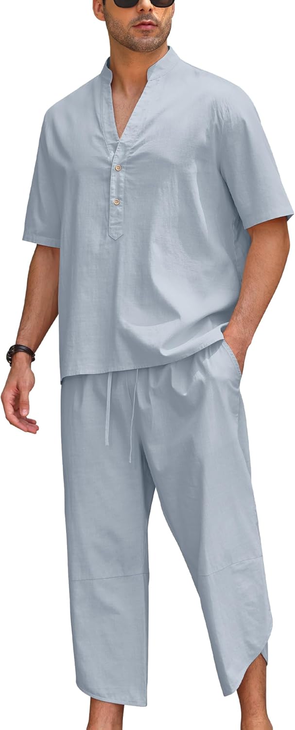 Men Linen Sets Outfits 2 Piece Short Sleeve V Neck Shirt and Harem Capri Pants Walking Suits For Men Beachwear