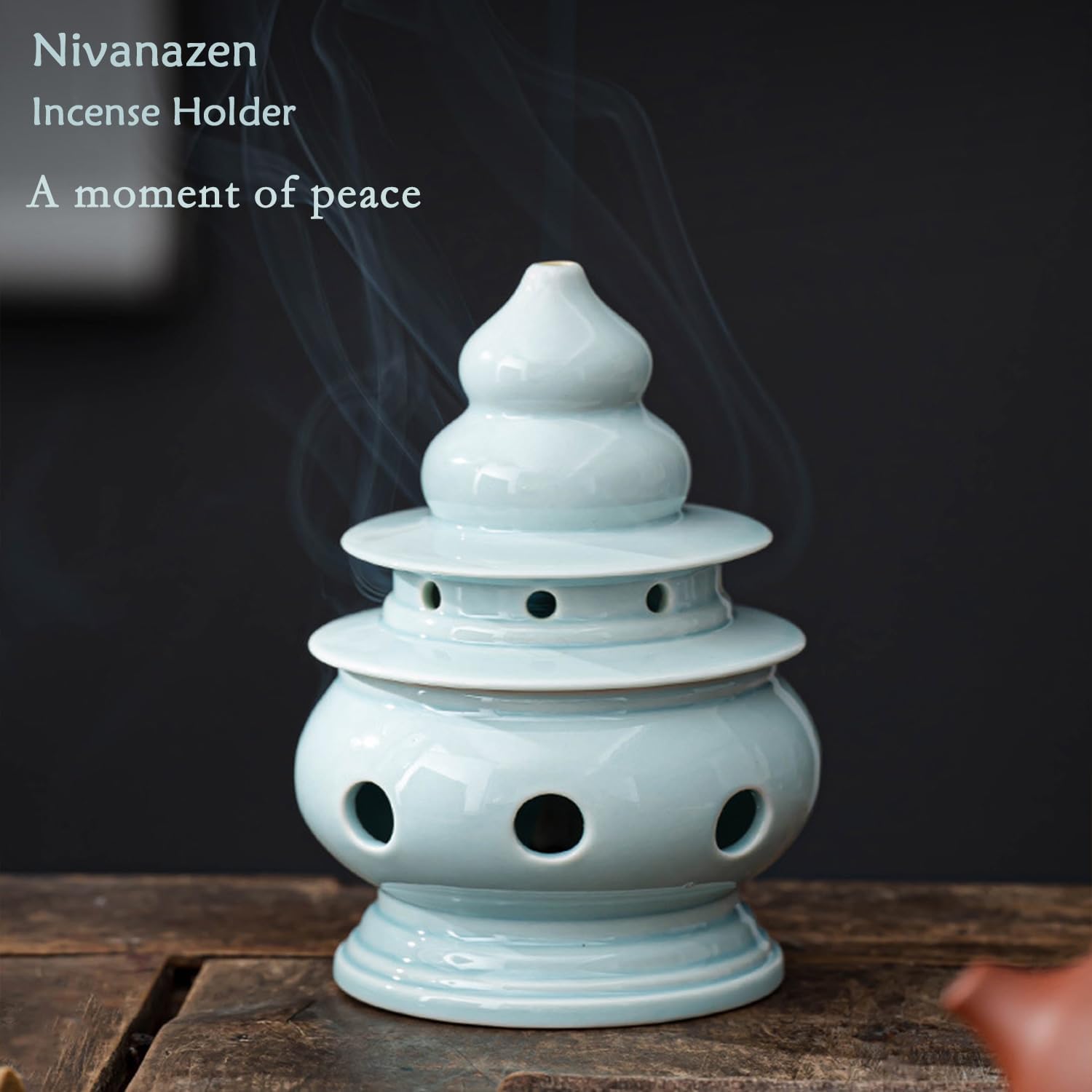Ceramic Incense Burner with Lid,Artistic Incense Burner Holder for Cone and Coil Incense,Mediation Gift,Room Decor (Light Blue)