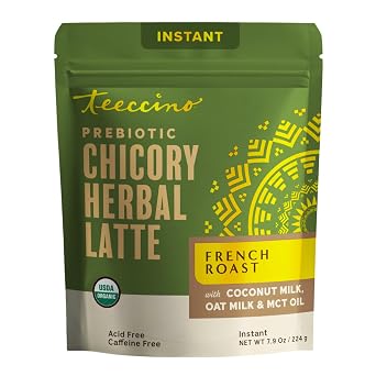 Teeccino Organic Instant French Roast Herbal Latte 14 Servings Creamy Oat & Coconut Latte Plus MCT Oil with a Bold, Coffee-Like Blend of Roasted Chicory & Ramon Seeds Prebiotic, Caffeine-Free 7.9 ounces