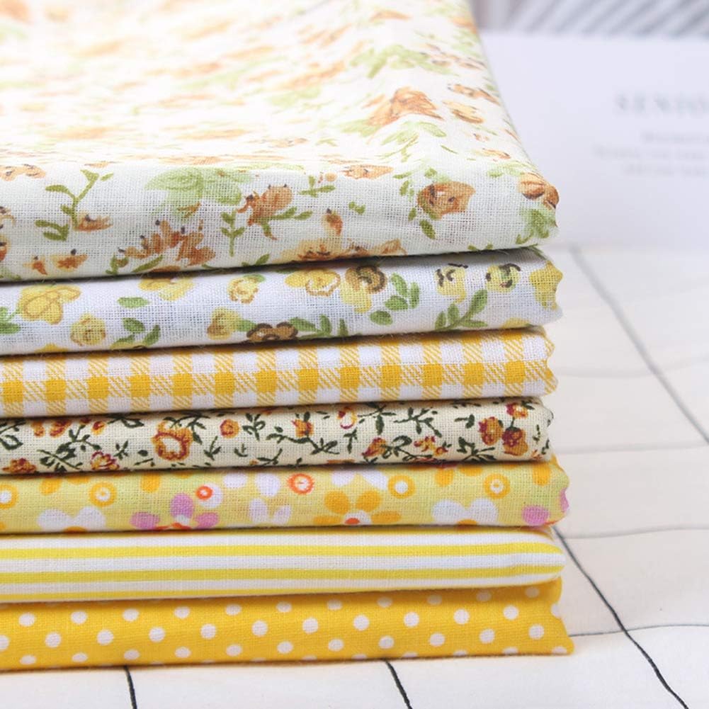 Cotton Fabric, 3 Types, 7 Pieces, 50 x 50 cm, Assorted Squares, Pre-Cut Bedding, Set of Quarters Suite (Yellow Flower System)