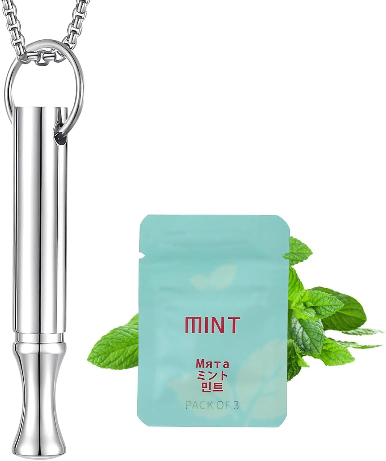 2 PCS Breathing Necklace with Resistance, Breathing Resistance Necklace with Filter, Includes Silver Chain and Mint Cotton Cores for Stress Management and Mindful Breathing