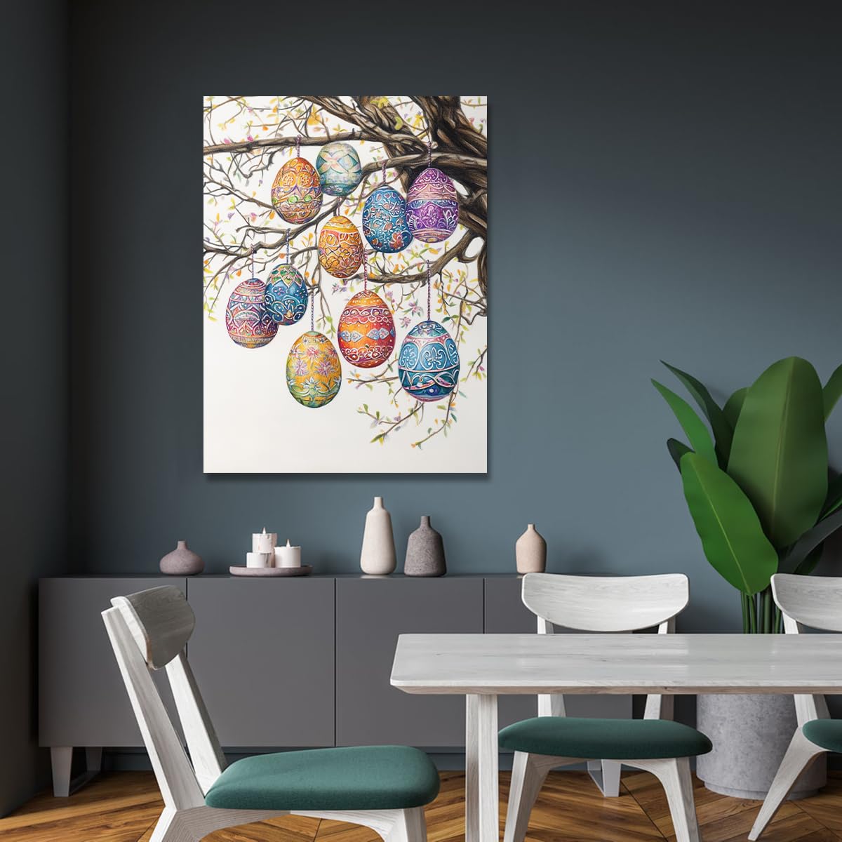 TOANGWALL Estampado rústico de huevo de Pascua con tela de lienzo ramas Estampado sobre lienzo Cuadro floral para decoración moderna de sala de conferencias 60x90cm